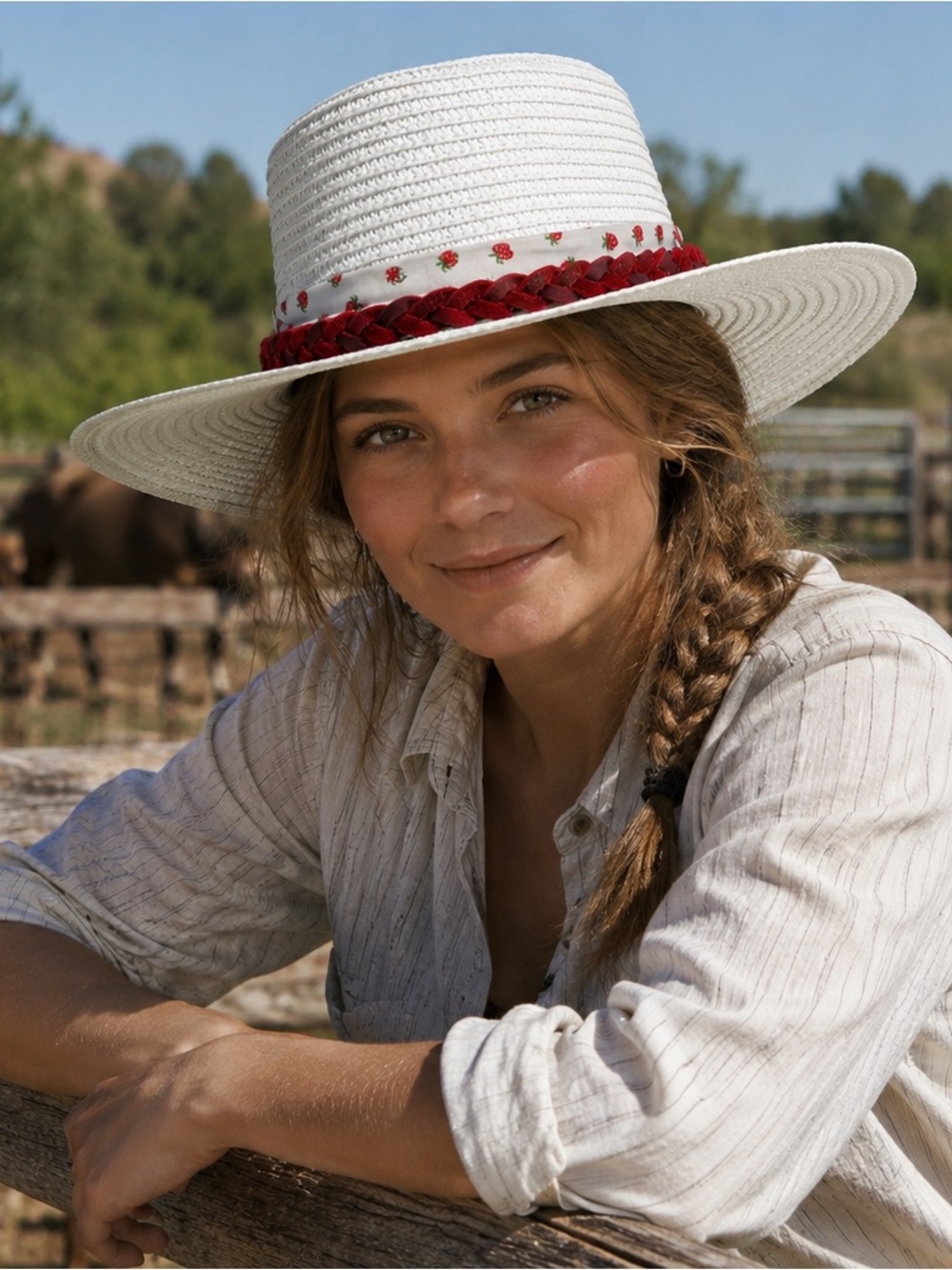 White Straw Sun Hat with Red Braided Trim and Strawberry Ribbon